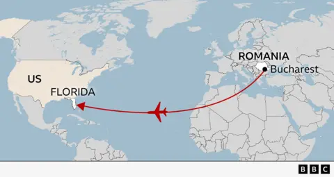 A map showing Florida and Romania