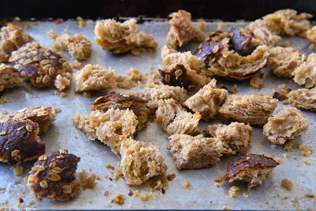 homemade croutons on a baking sheet