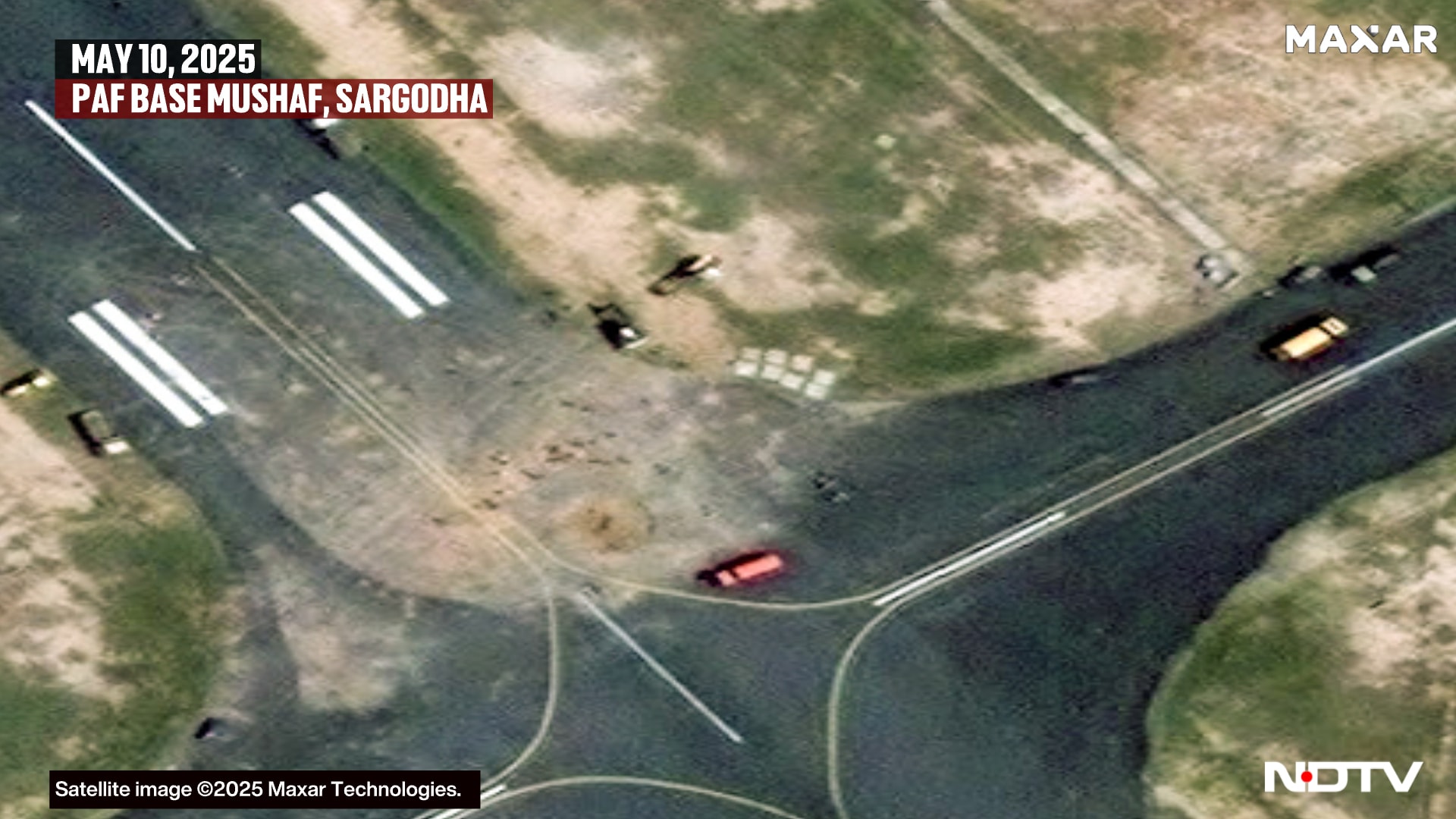 The runway at Mushaf air base in Sargodha was damaged in Indian strikes (Click here for high resolution image) The runway at Mushaf air base in Sargodha was damaged in Indian strikes (Click here for high resolution image)
