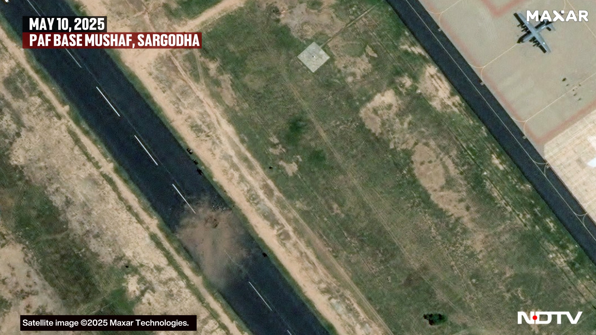 The runway at air base Mushaf in Sargodha was damaged in Indian strikes. (Click here for high resolution image) The runway at air base Mushaf in Sargodha was damaged in Indian strikes. (Click here for high resolution image)