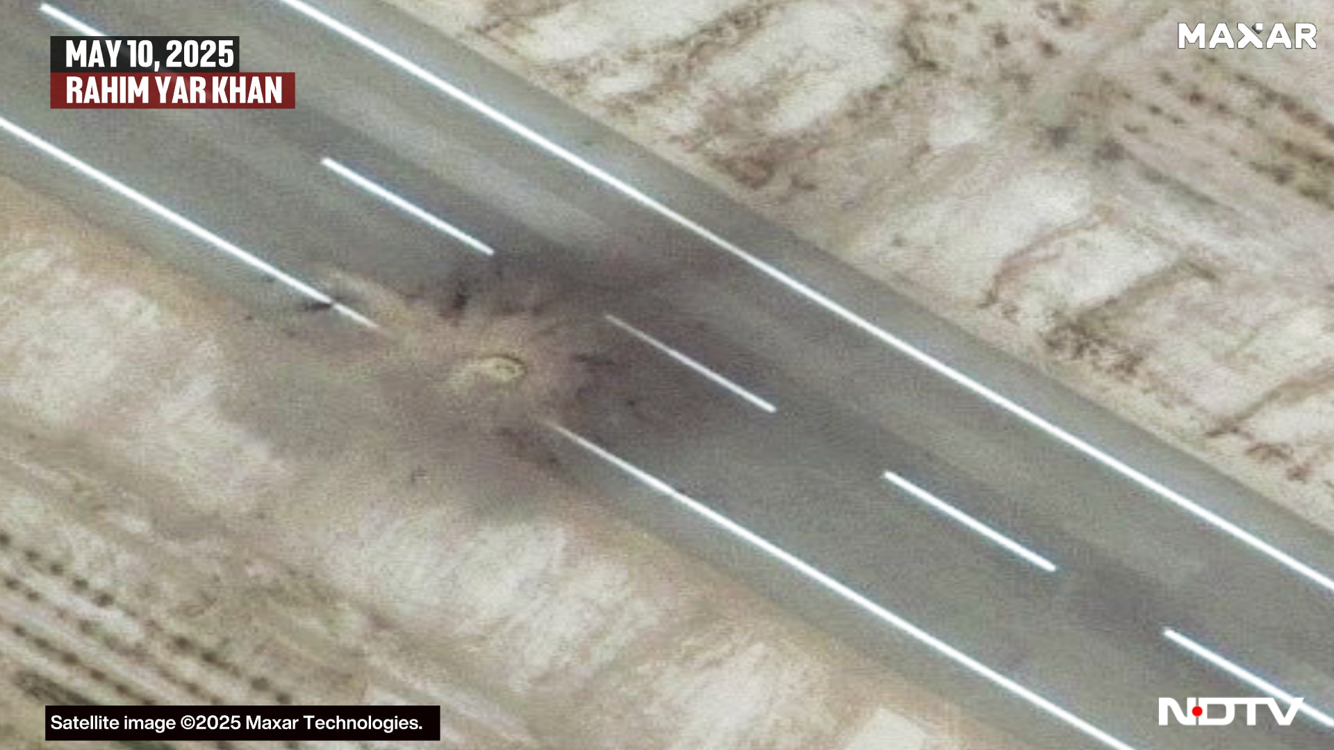 The runway at Rahim Yar Khan air base was damaged in Indian strikes (Click here for high resolution image) The runway at Rahim Yar Khan air base was damaged in Indian strikes (Click here for high resolution image)