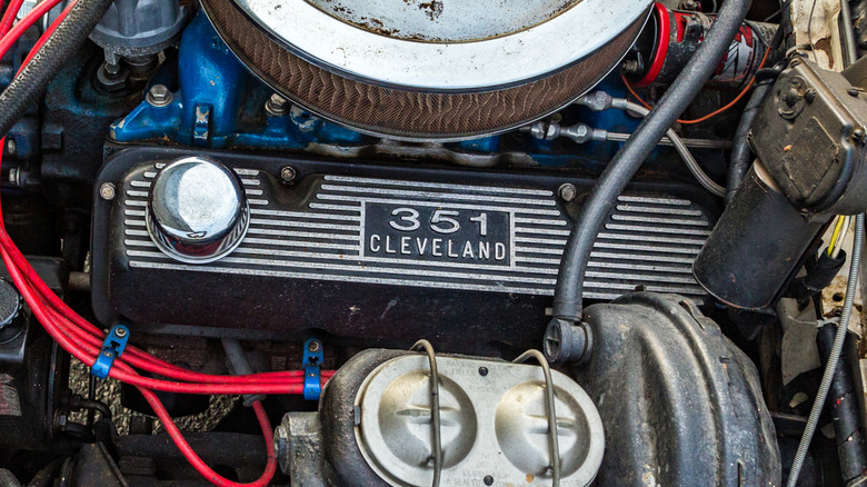 A closeup of the valve cover of a Ford 351 Cleveland V8