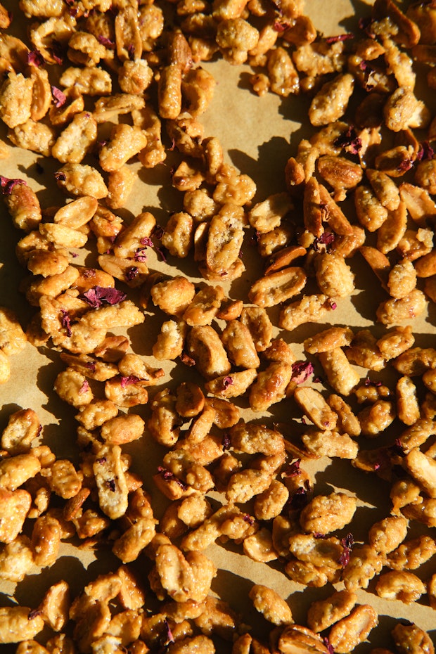 Candied nuts on a sheet of parchment paper
