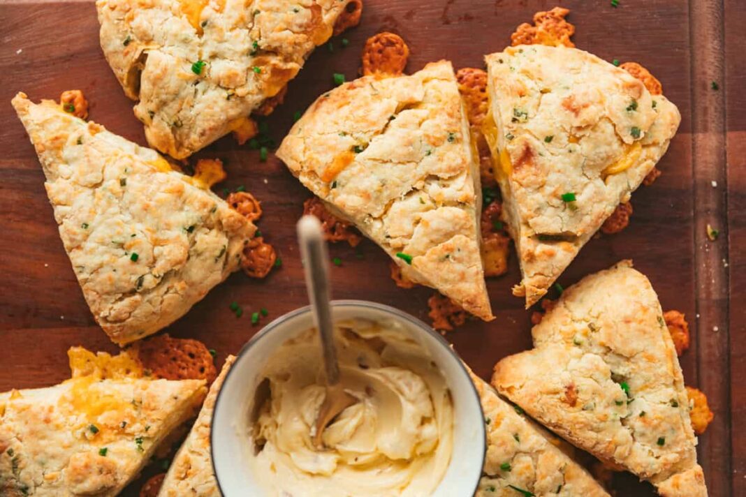 Perfect Cheddar Chive Scones with hot honey butter